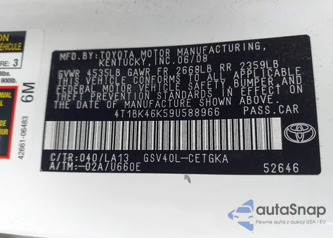 2009 Toyota Camry Le V6/Se V6/Xle V6 z USA, uszkodzony, nr VIN 4T1BK46K59U588966